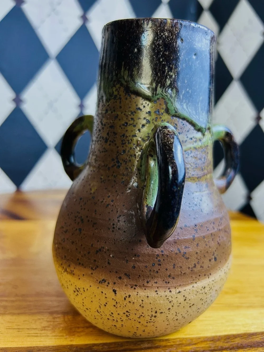 Triple Handle Studio Pottery Vase Signed Speckled Earth‎ Tone Rustic Green Beige